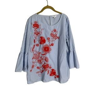 Crown & Ivy Blue Striped Top with Red Floral Embroidery